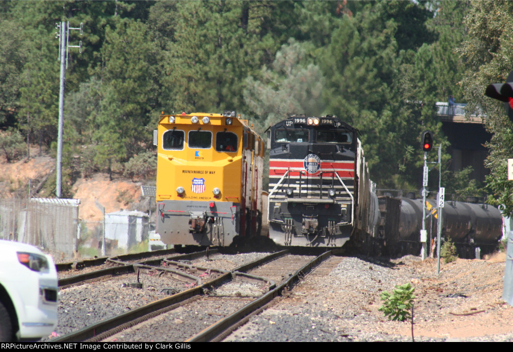 UP 1996 Heritage unit working as rear DPU passing work train at Colfax